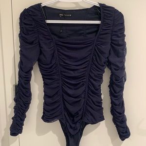 Zara royal blue frill ruched bodysuit size SMALL